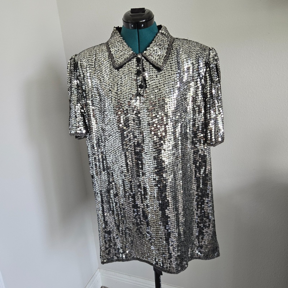 Laurence Kazar Tunic Women Large Silver Sequin VTG Shoulder Pads Disco